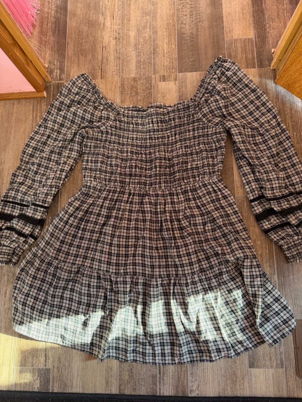 American Eagle XL Black & White Plaid Smocked Off-Shoulder Dress